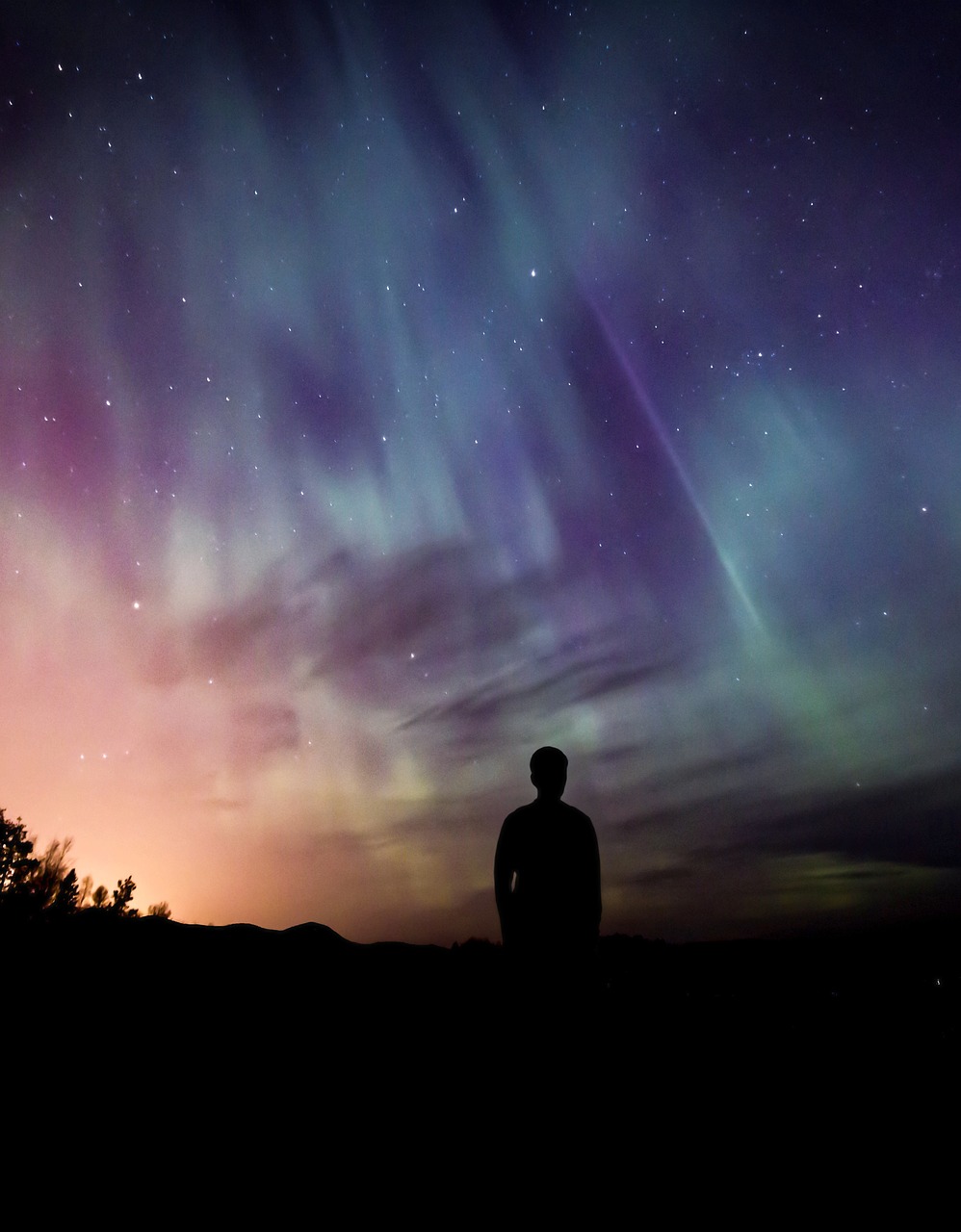 aurora, aurora borealis, borealis, northern, man, night sky, silhouette, watching, landscape, light, night, phone wallpaper, sky, solar, green, nature, northern lights, phenomenon, atmosphere, magical, iphone wallpaper, cute wallpaper